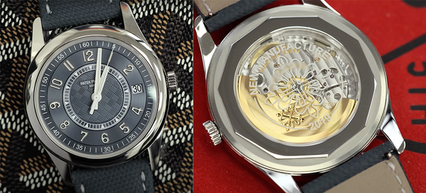 Case front and back of the Patek Philippe Calatrava 6007a showing "New Manufacture 2019" inscription.