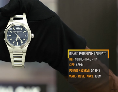 Girard Perregaux Laureato 81010-11-431-11A stainless steel with blue dial shown on hand