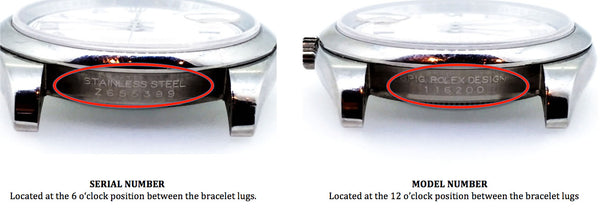 Diagram showing the location of Rolex Serial and Model numbers between the 6:00 and 12:00 lugs.