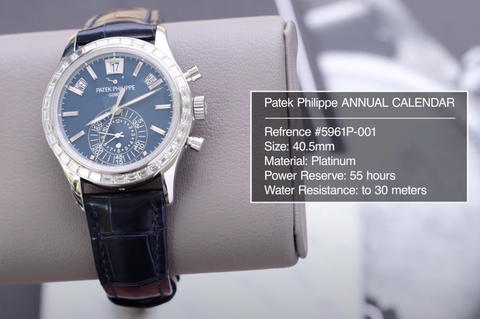 Patek Philippe Annual Calendar - Platinum case, Blue Dial, Baguette hour markers, bezel, and clasp - 5961P-001