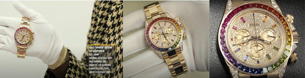 Panoramic shot of the Rolex Daytona "Rainbow" showcasing the multi-colored sapphires and diamonds.