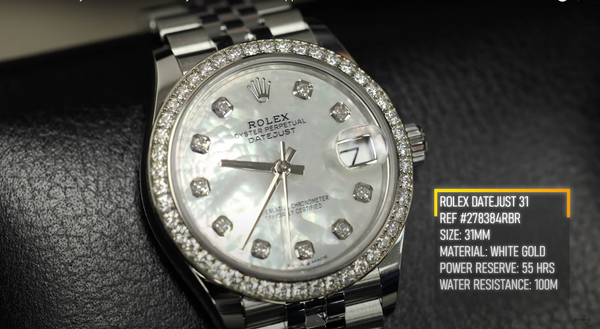 Closeup of Rolex Datejust 31mm showcasing diamond bezel and white pearl diamond dial.