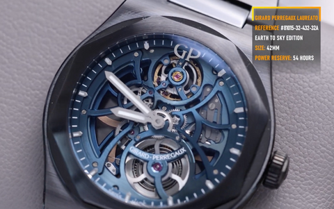 GP & Laureato watch with black ceramic case and bracelet and blue skeleton openwork dial.