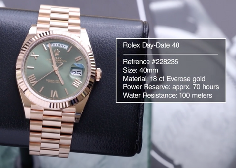 Rose Gold Day-Date on a presidential bracelet with olive green dial - ref# 228235