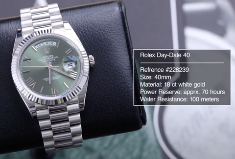 Rolex Day-Date in full white gold with a fluted bezel, presidential bracelet, and olive-green dial.