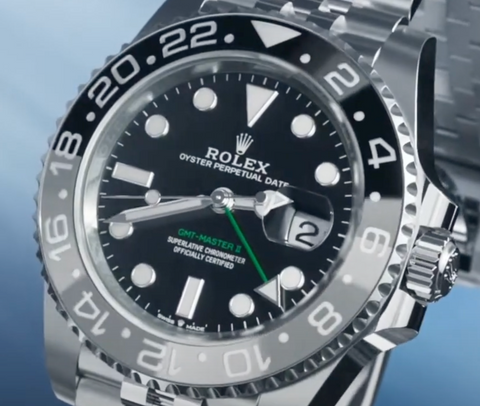 Rolex GMT Master II 126710GRNR showing Green GMT hand, also seen on the Sprite.