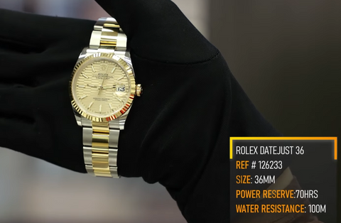 Rolex Datejust 126233 gold motif dial shown on hand