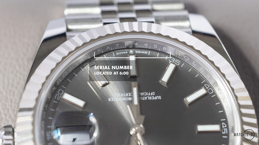 Diagram showing where to find the Rolex Serial number at the 6:00 marker on a Rolex DateJust