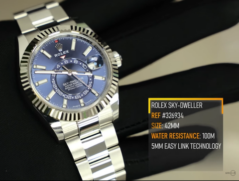 Rolex Sky-Dweller stainless steel blue with dial, shown on hand. Reference#: 326934