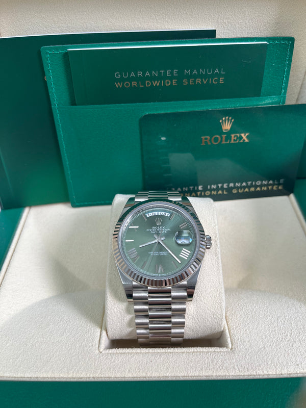 ROLEX White Gold DayDate 40 President Green Roman Model 228239