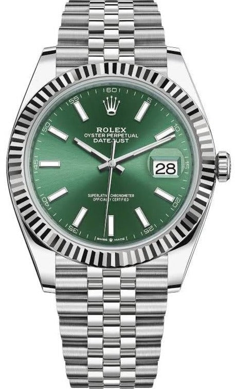 Blaze foredrag vedholdende Rolex Datejust Oyster 41 mm Oystersteel Mint Green Dial Fluted Bezel O –  WatchesOff5th