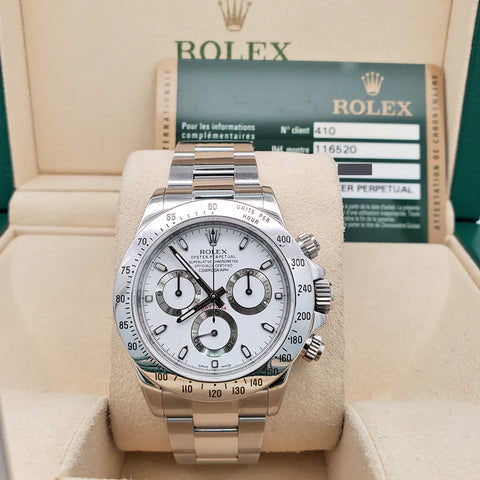 Rolex Cosmograph Daytona 40mm White Dial Steel Watch 116520 Box Papers