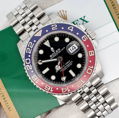 Rolex GMT-Master II 40mm Pepsi Bezel Stainless Steel Jubilee Watch 126710BLRO Box Papers