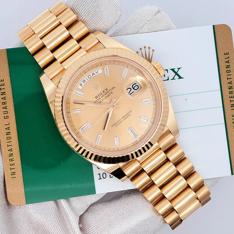 Rolex Day-Date 40 President Yellow Gold Factory Champagne Baguette Diamond Dial Watch 228238 Box Papers