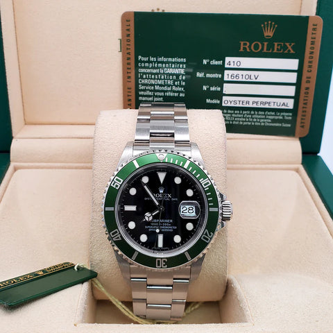 Rolex Submariner Date 40mm "Kermit" Black Dial Green Bezel Stainless Steel Watch 16610LV Box Papers