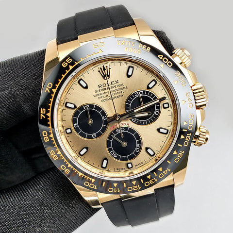 Rolex Cosmograph Daytona 40mm Yellow Gold Oysterflex Champagne Dial 116518LN Watch Box Papers