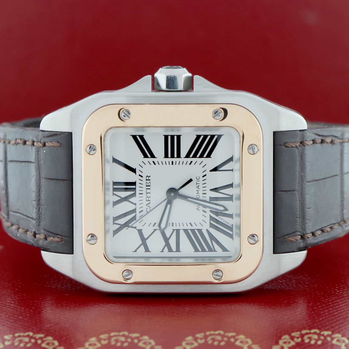 cartier santos 100 18kt rose gold and steel midsize watch w20107x7
