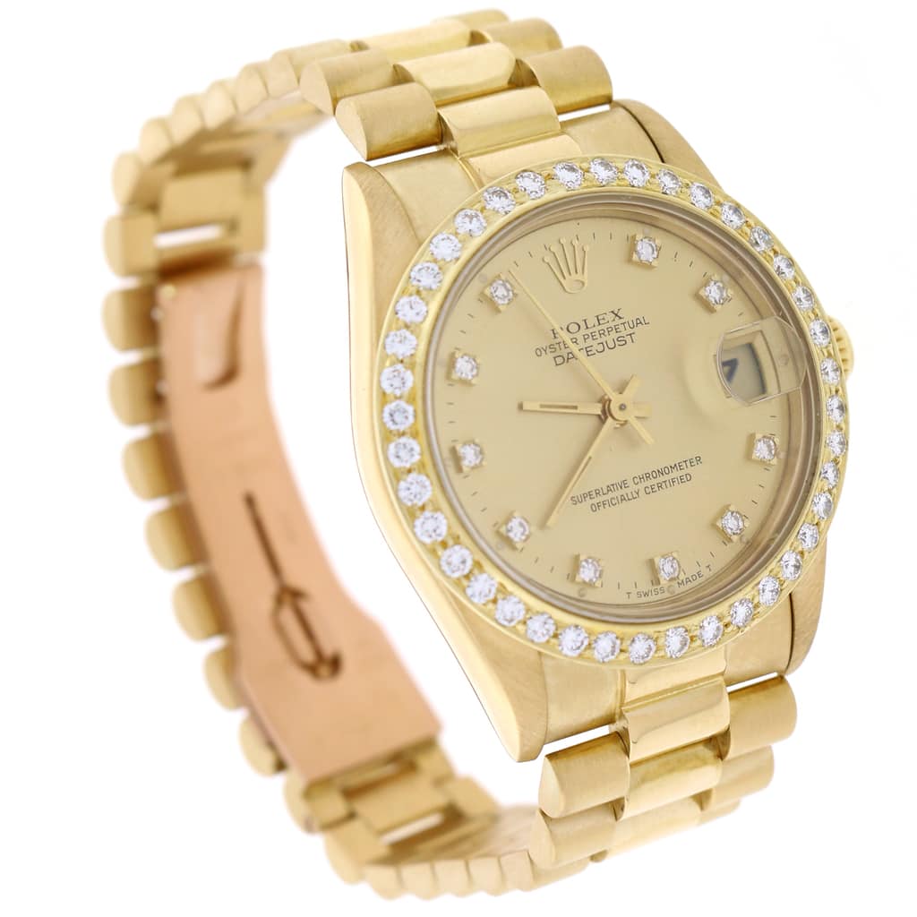 Rolex Datejust 31 Champagne Diamond Dial Ladies 18kt Yellow Gold President  Watch 278278CDP