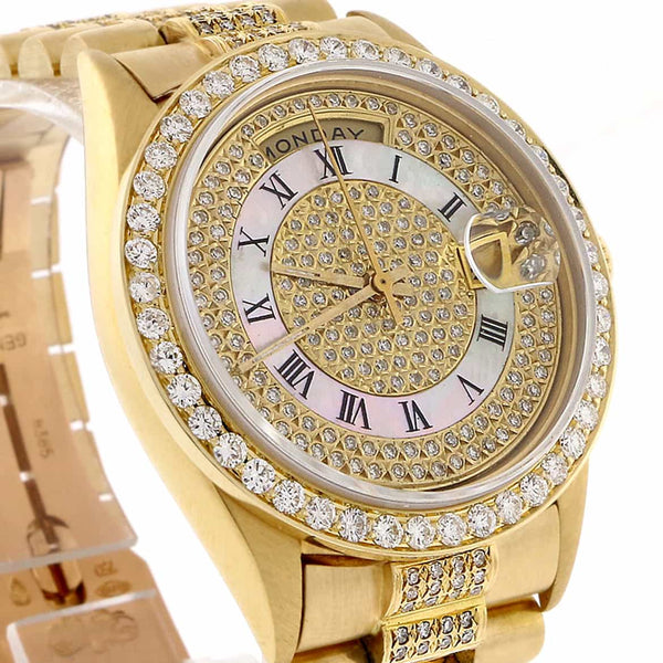 Rolex President Day-Date 18K Yellow Gold 36MM Automatic Watch w/MOP Roman Diamond Dial, Bezel & Bracelet