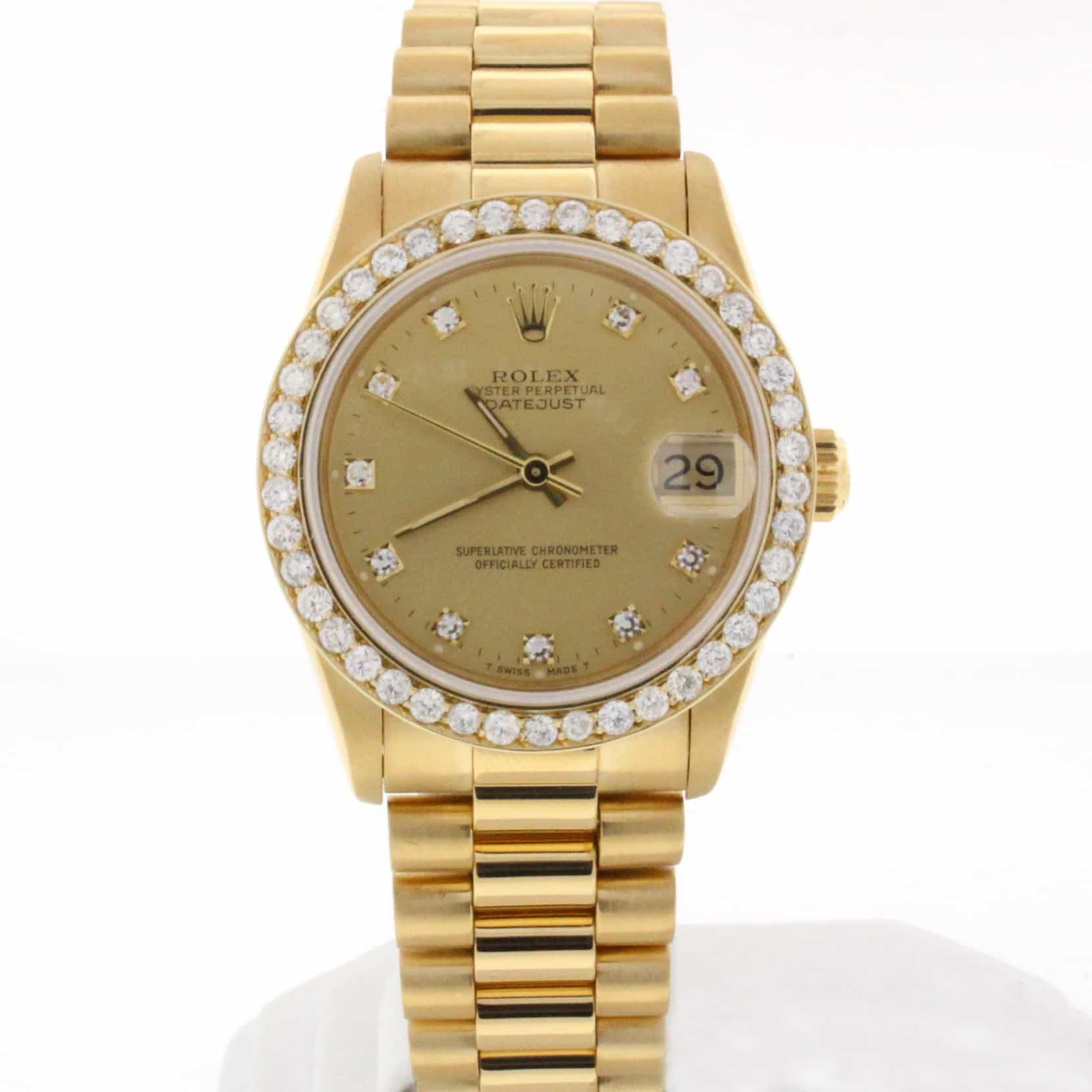 Rolex Datejust 31 Champagne Diamond Dial Ladies 18kt Yellow Gold President  Watch 278278CDP