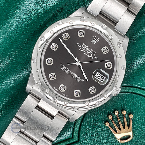 Rolex Datejust Midsize 31mm Domed 24 Diamonds Bezel/Rhodium Grey Dial Watch 78240