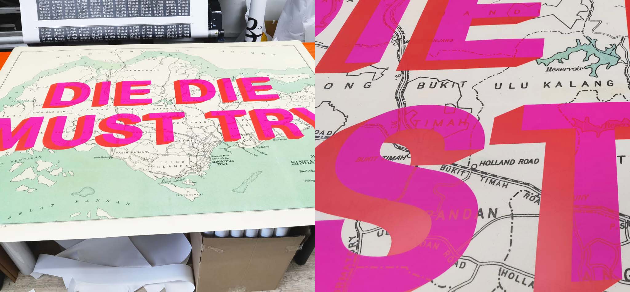 Large vintage pink text in a screen printing style on top of an old map