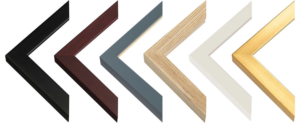 Standard frame colours, from left to right: Black, dark brown, dark grey, oak, white, and antique gold.