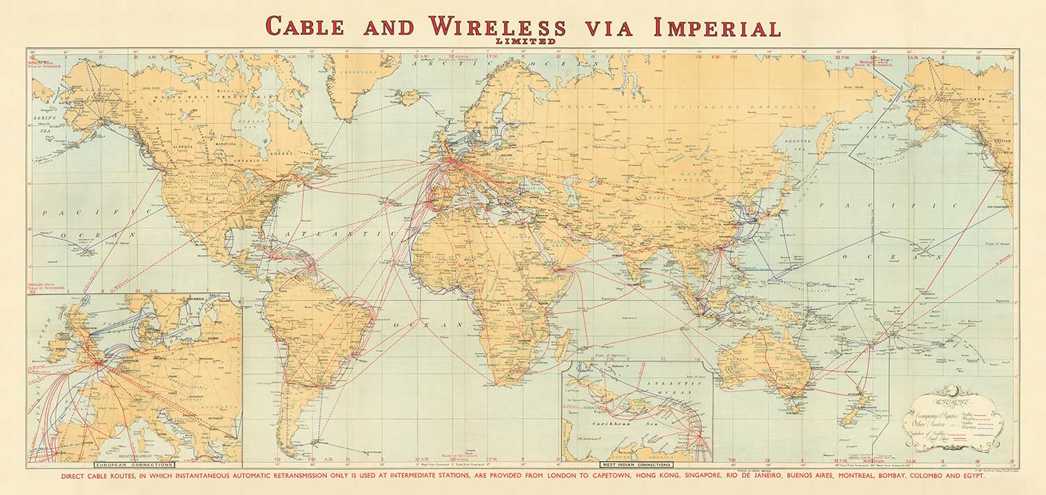 Old Cable and Wireless World Map, 1938 - (Very Early) Internet & Subma ...