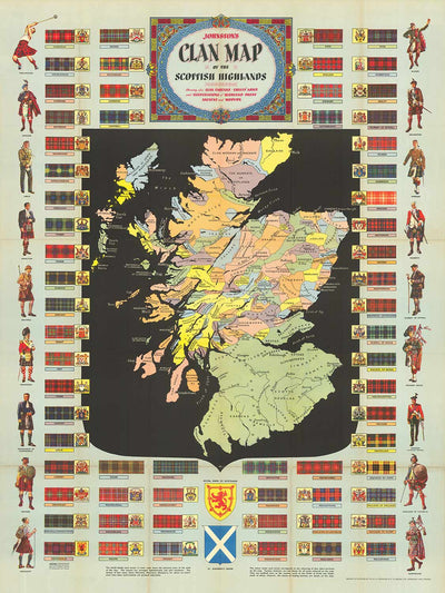 Old Map of Scotland Clans and Tartans - Johnston's Highlands & Lowland ...