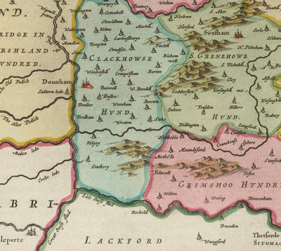 Old Map of Norfolk in 1665 by Joan Blaeu - Norwich, Great Yarmouth, King's Lynn, Thetford, Swaffham, Fakenham, East Anglia