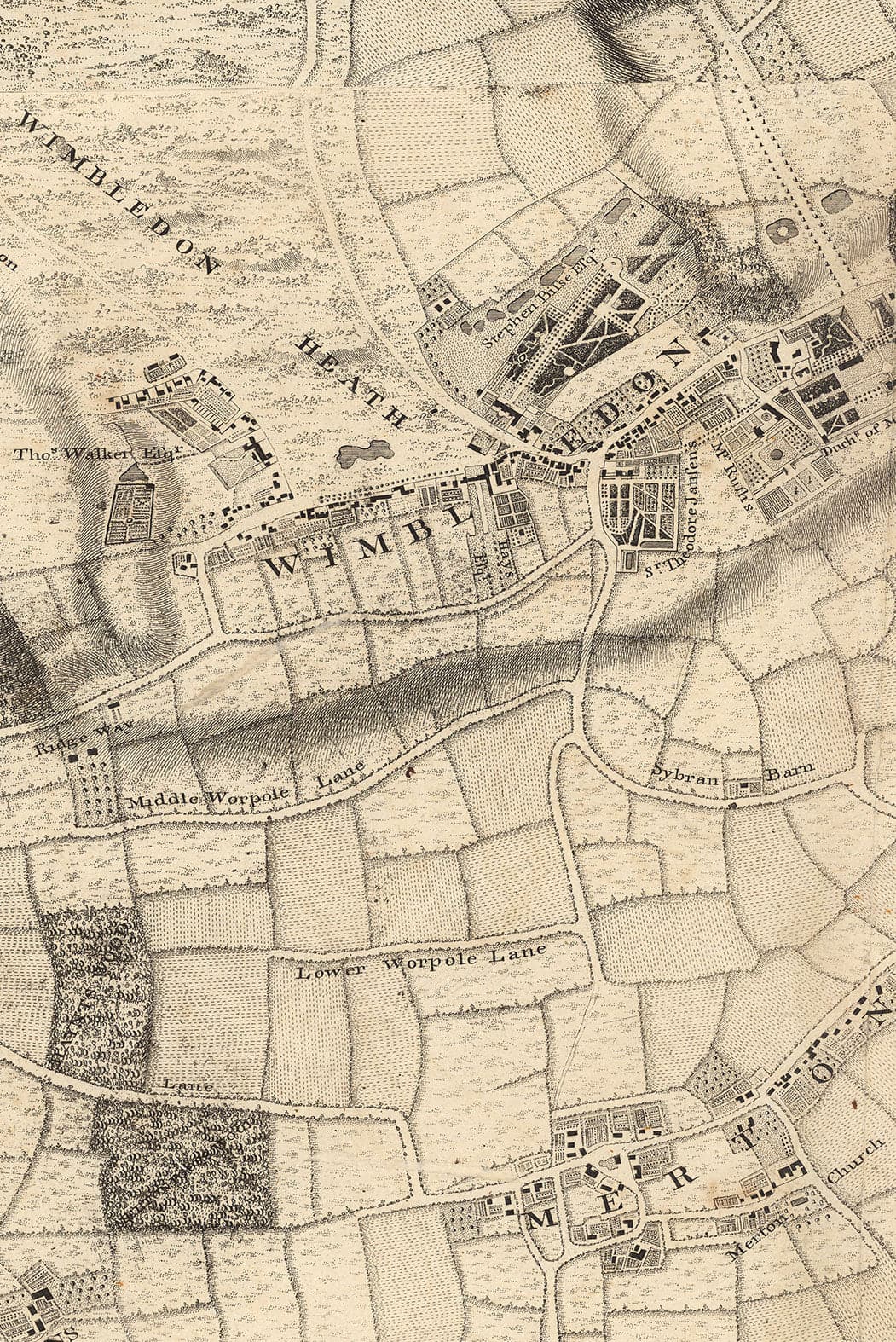 Alte Karte von London und 10 Meilen Umgebung von John Rocque aus dem Jahr 1746 - mit Hackney, Wimbledon, Highgate, Richmond und anderen Londoner Vorstädten