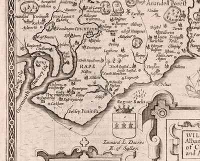 Ancienne carte de Sussex en 1611 par John Speed ​​- Worthing, Crawley, Brighton, Bognor, Eastbourne, Littlehampton, Horsham