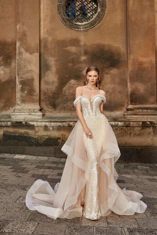 off the shoulder wedding dress with a big glamourous overskirt