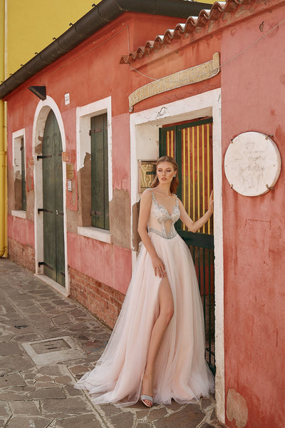 Penelope - Colored A-Line Wedding Dress with Tulle Slit Skirt