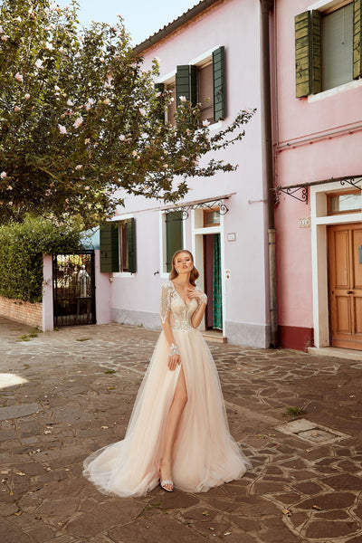 Francesca - Long Sleeve A-line Wedding Dress with Side Slit