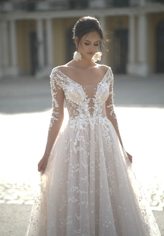 long sleeve wedding dress with 3D floral appliques