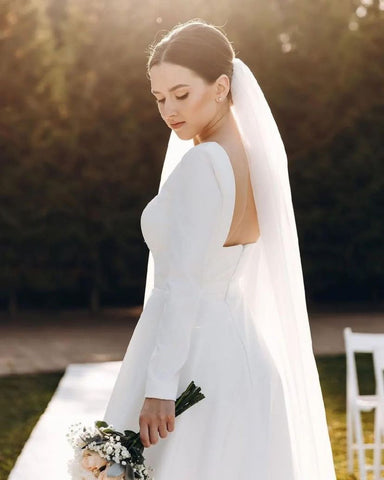 simple crepe wedding dress modest with long sleeves and square neck