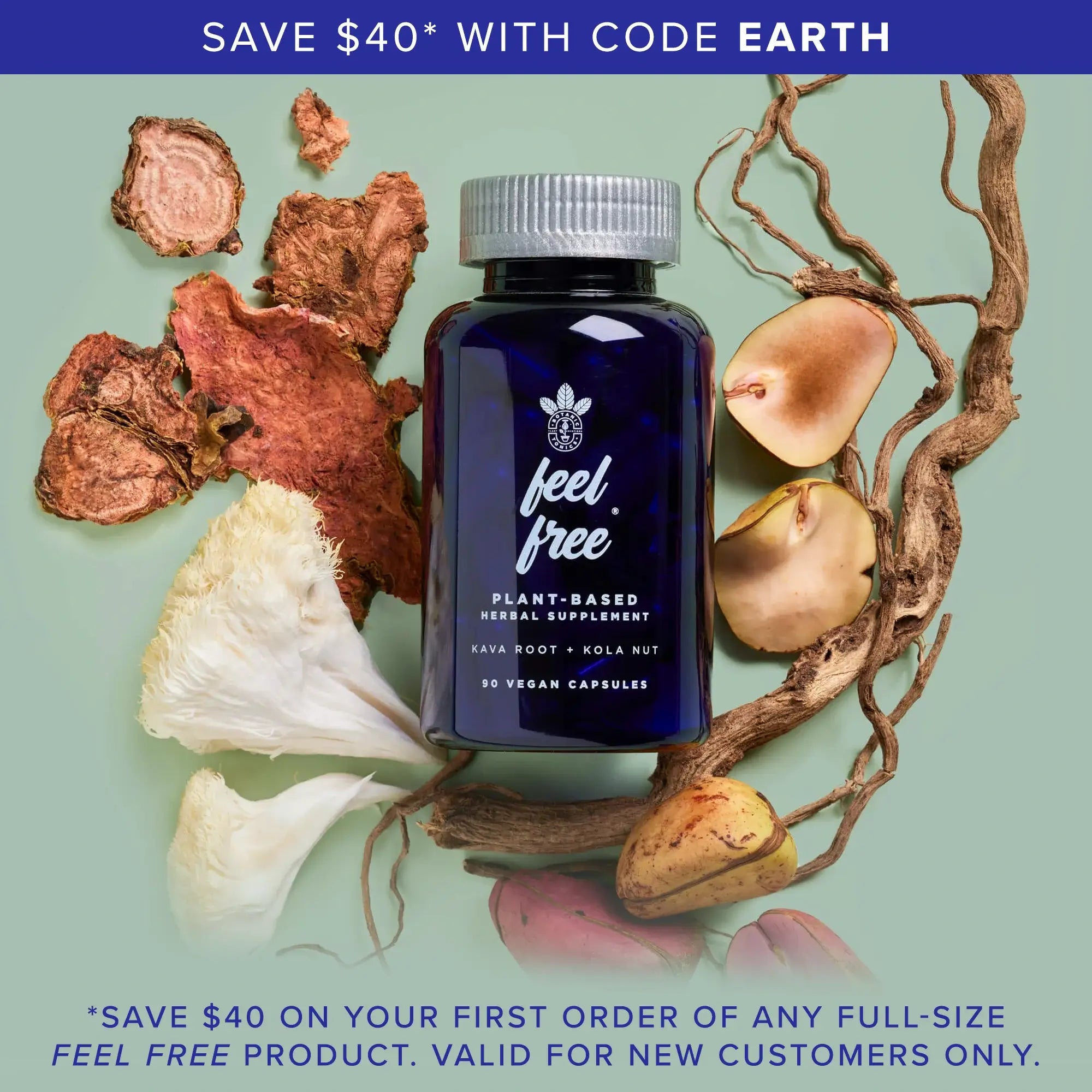 feel free wellness capsules - bottle on leaves