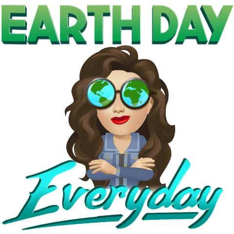 emoji girl wearing glasses with the earth in both sides, and text that says Earth Day Everyday.
