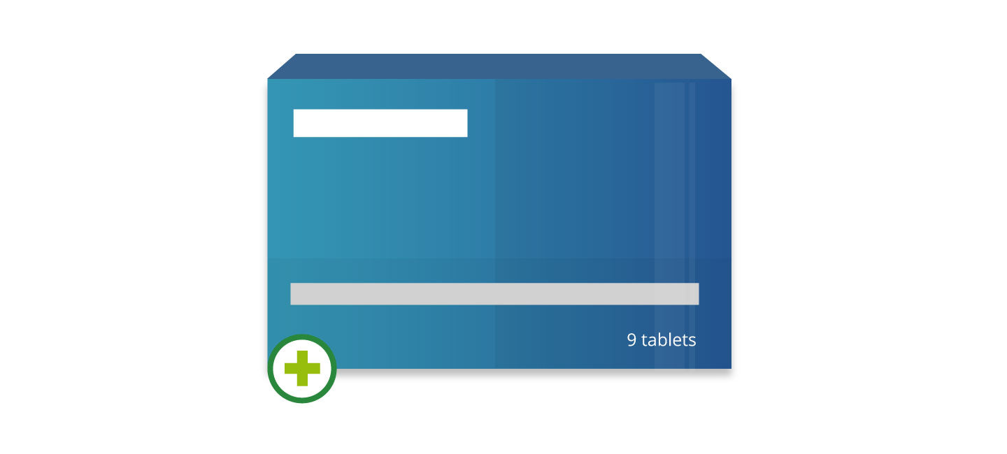 Illustrated blue pharmacy medicine box with green cross icon