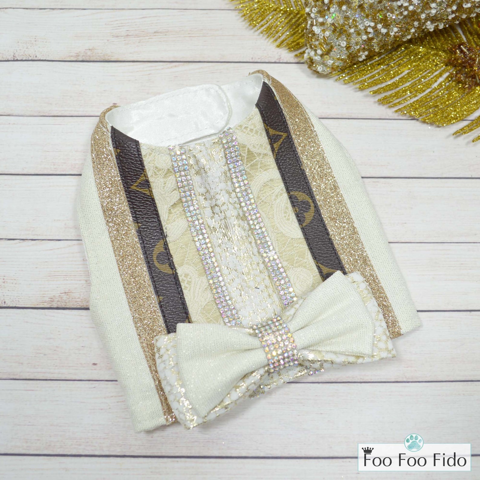 Chloe&#39;s Cozy Collection| LV Inspired Ivory, Gold and Rhinestone Dog Vest & Harness – Chloe’s ...