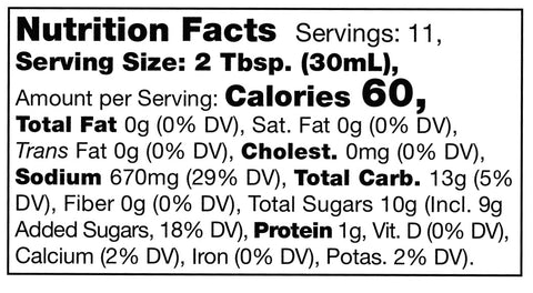 Nutrition facts label for Stonewall Kitchen Garlic Teriyaki Sauce
