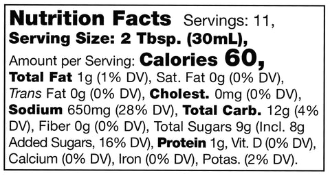 nutrition facts label for Stonewall Kitchen Sesame Ginger Teriyaki Sauce