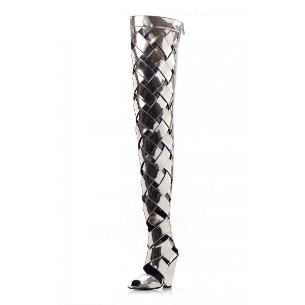 silver mirror thigh high boots