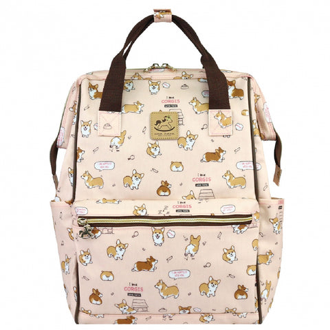 Peach backpack with corgi pattern