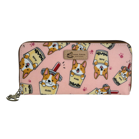 Pink long wallet with corgi and boba tea pattern