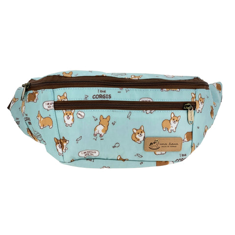 Teal Colored Fanny Pack Shoulder Bag With A Cute Corgi Design