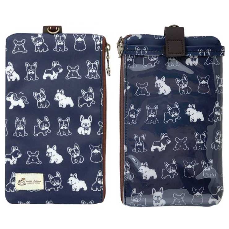 Blue and white phone pouch with French bulldog pattern