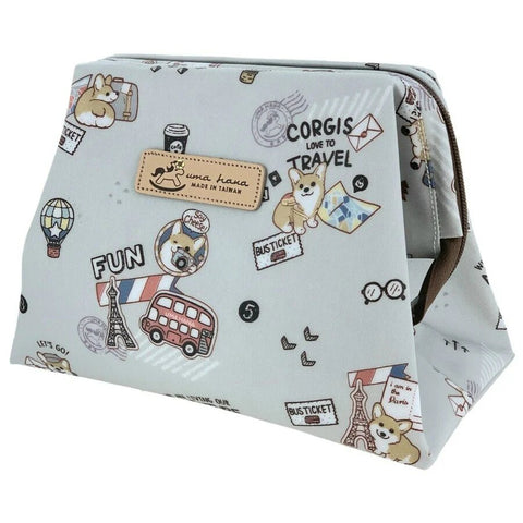 A Tworgis large cosmetic bag with a traveling corgi design