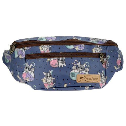A Tworgis fanny pack with a Frenchie and boba tea design